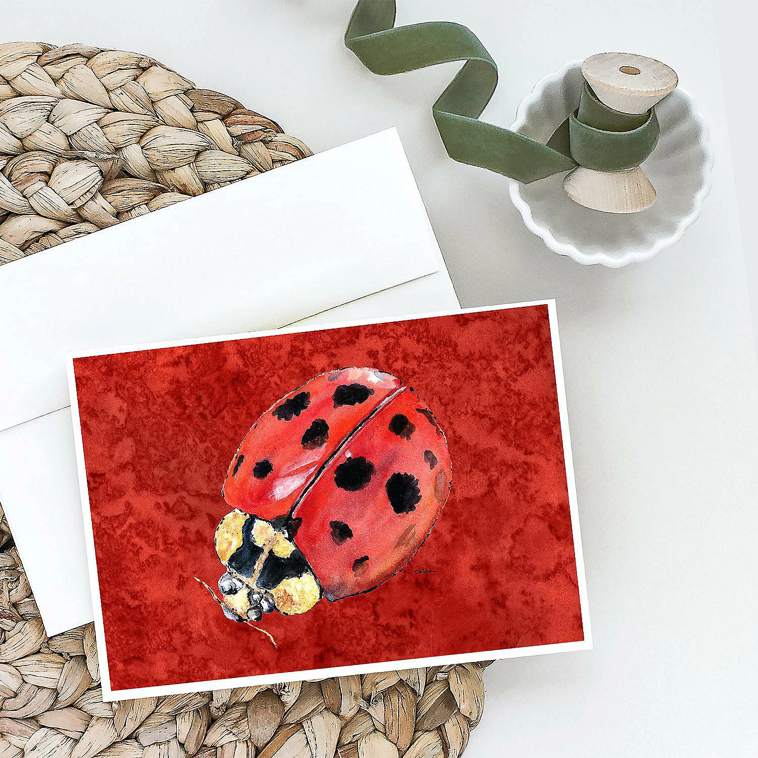 Deals β Caroline's Treasures Lady Bug on Deep Red Greeting Cards and Envelopes Pack of 8, 7 x 5, Insects π - Image 2